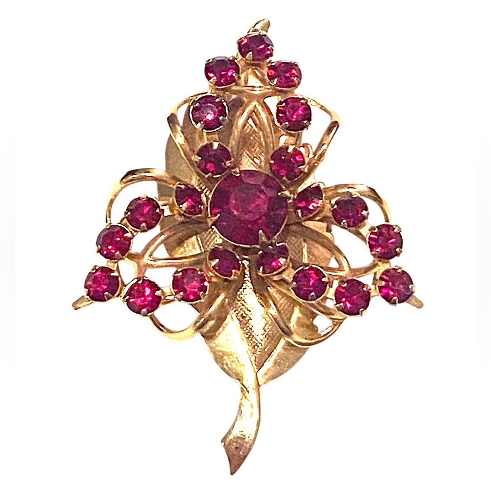 Vintage 1950s Red Gold Rhinestone Brooch Flower